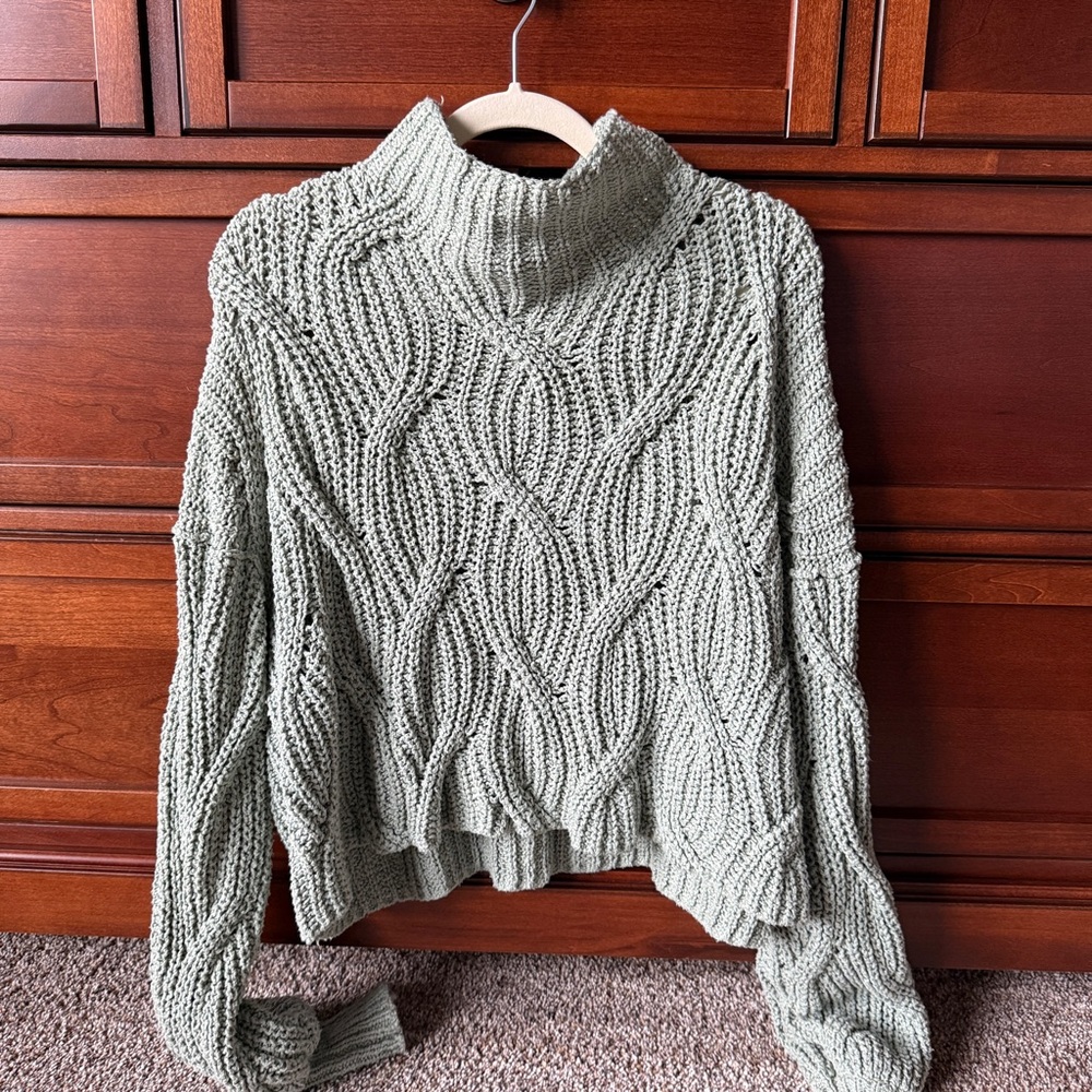Free People Sage Green Cable Knit Turtleneck Sweater
